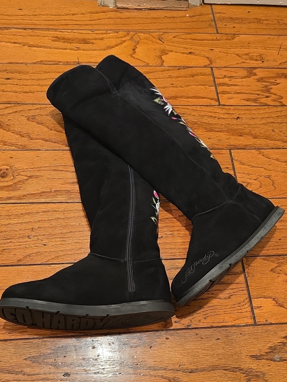 Ed Hardy Black Women's Knee-High Boots with Pink & Orange Rose Embroidery - Picture 5 of 8